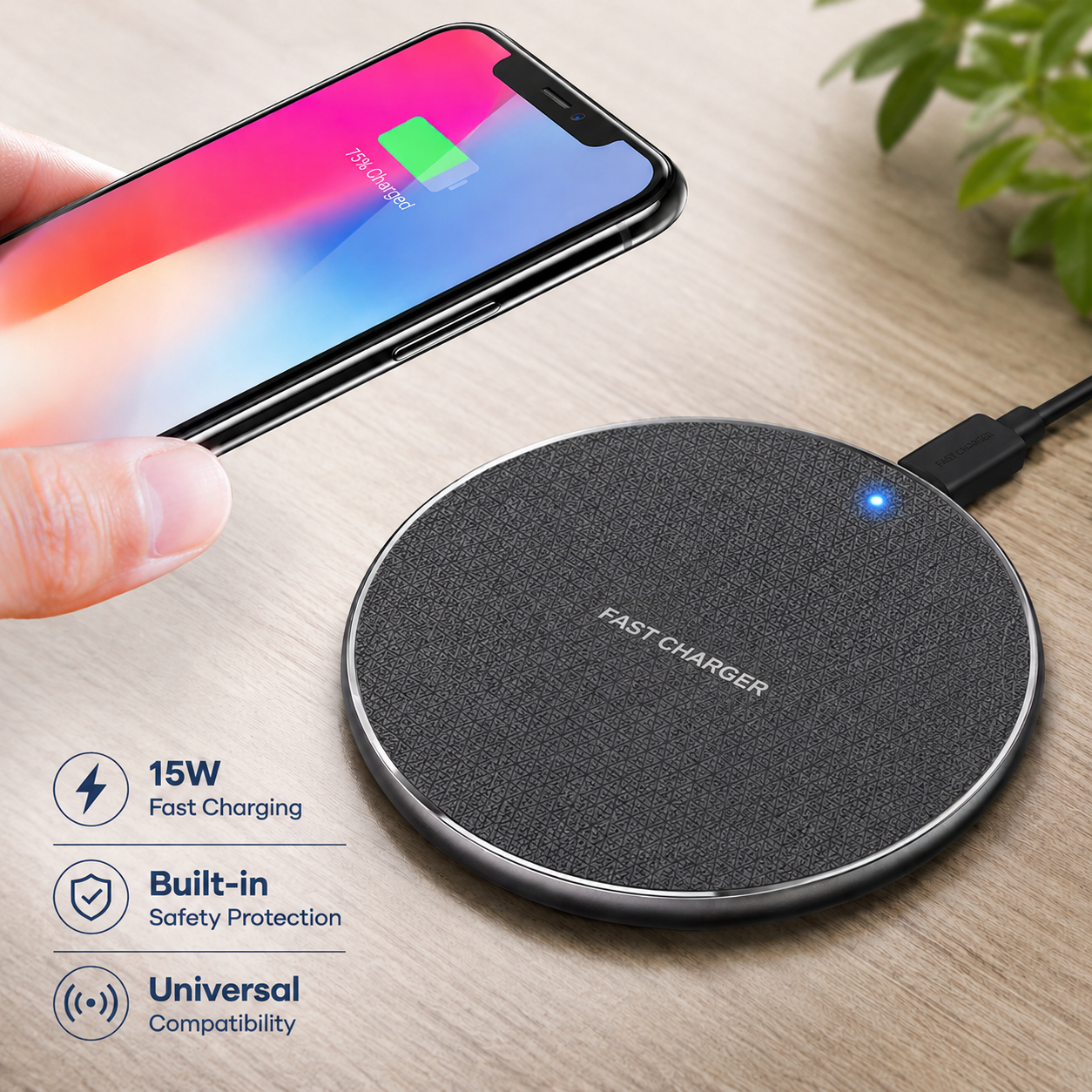 Fast Wireless Charger Pad – 15W Universal Charging Dock (Type-C)
