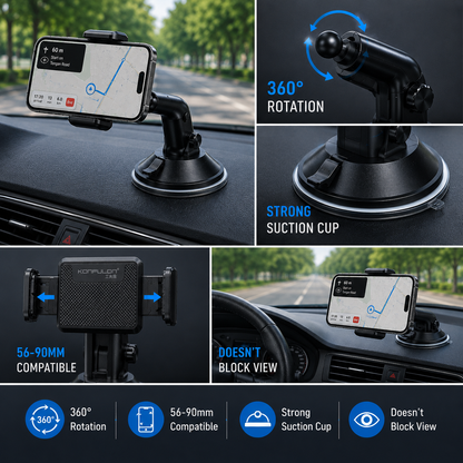 Universal Car Phone Holder with Strong Suction Cup | 360° Adjustable Dashboard & Windshield Mount