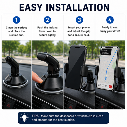 Universal Car Phone Holder with Strong Suction Cup | 360° Adjustable Dashboard & Windshield Mount