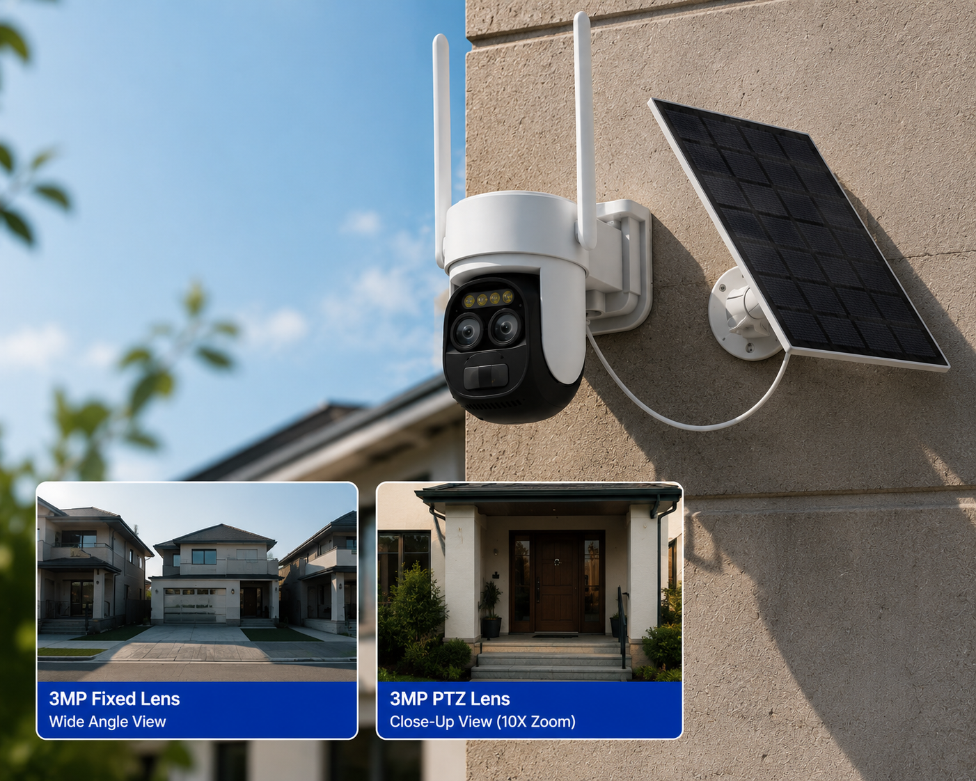 Solar WiFi Security Camera Dual Lens 10X Zoom | PTZ Outdoor Camera