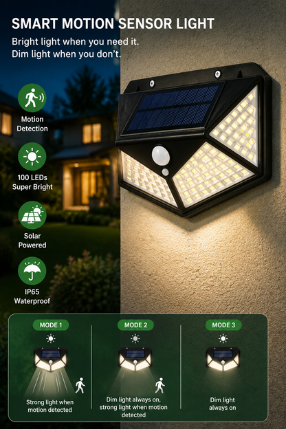 Solar Motion Sensor Wall Light | 100 LEDs Outdoor Waterproof Lamp
