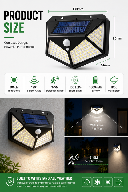 Solar Motion Sensor Wall Light | 100 LEDs Outdoor Waterproof Lamp