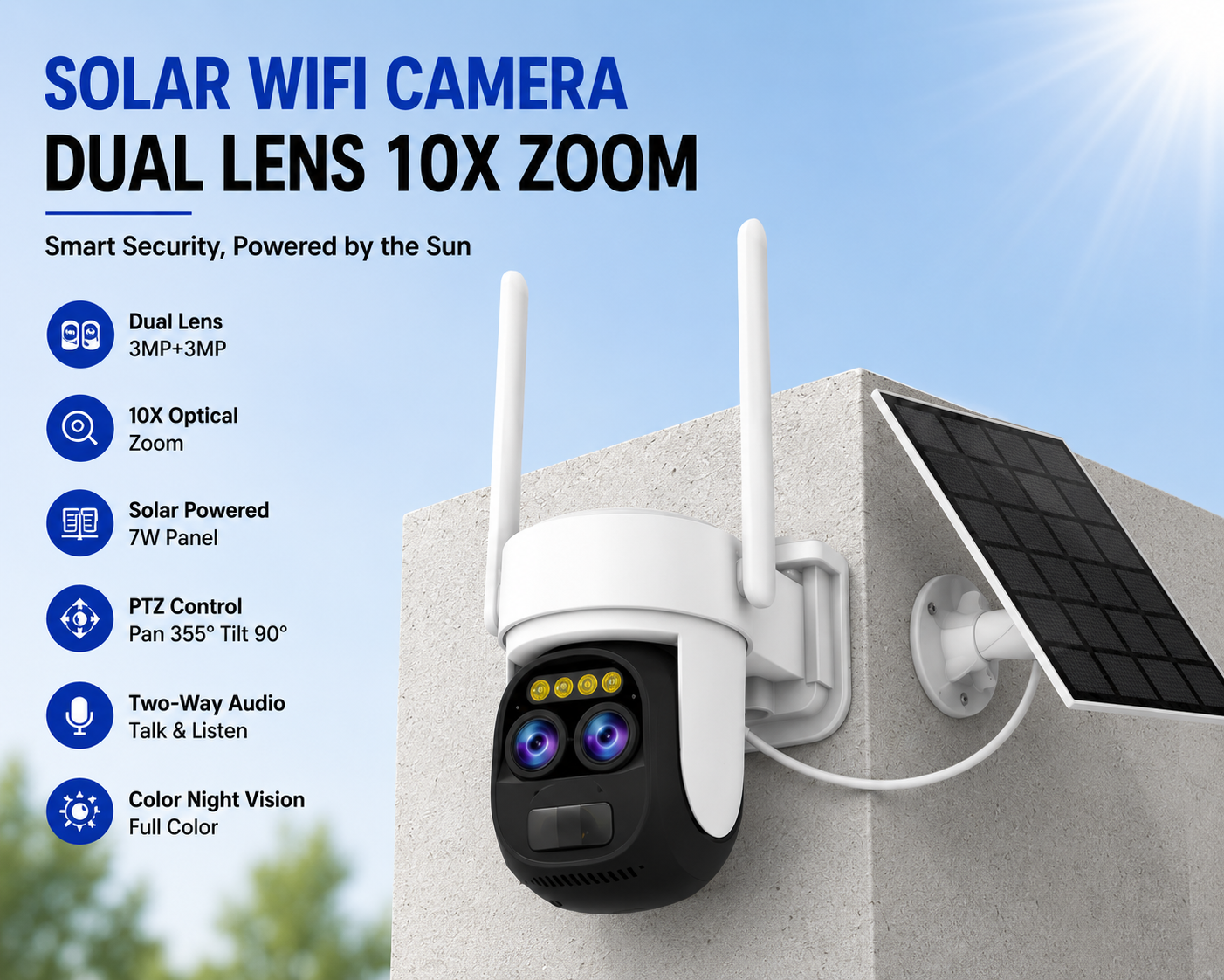 Solar WiFi Security Camera Dual Lens 10X Zoom | PTZ Outdoor Camera