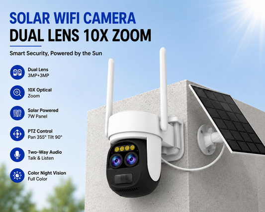 Solar WiFi Security Camera Dual Lens 10X Zoom | PTZ Outdoor Camera
