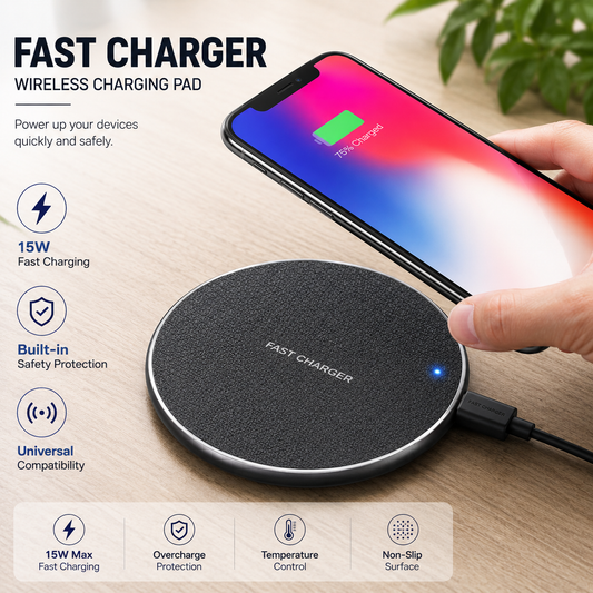 Fast Wireless Charger Pad – 15W Universal Charging Dock (Type-C)